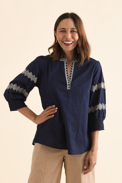 Kooma Navy Cotton Embroidered Top