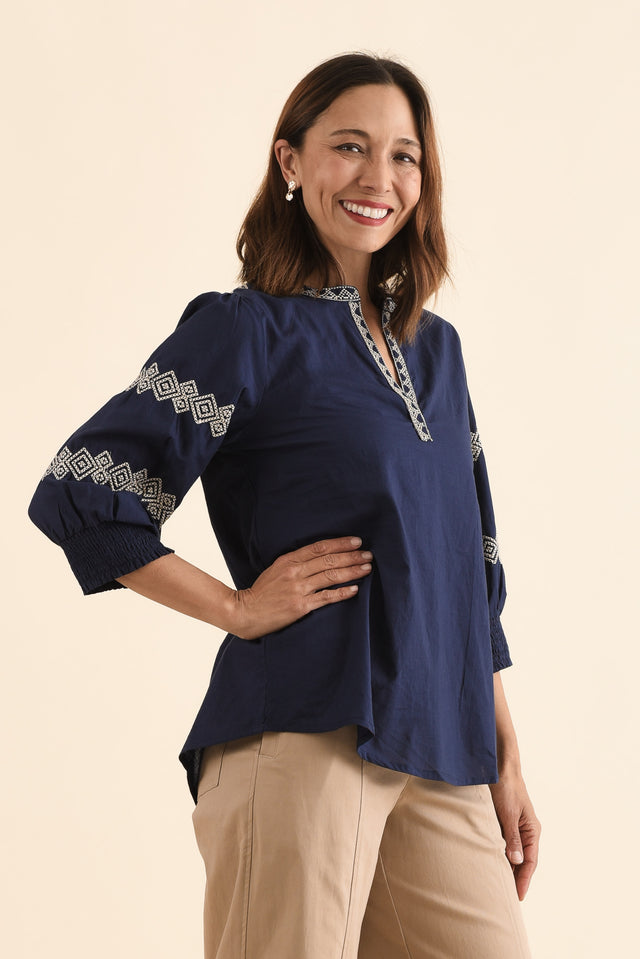Kooma Navy Cotton Embroidered Top,Side,Brunette model,alt text|model:Cara image 3