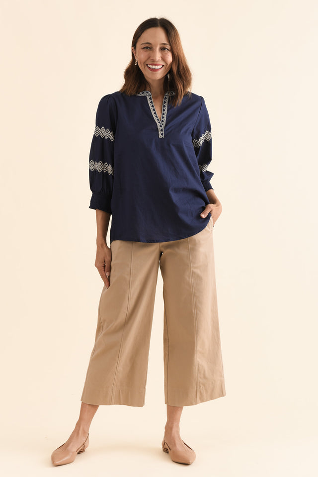 Kooma Navy Cotton Embroidered Top,Full Body,Brunette model,alt text|model:Cara image 2