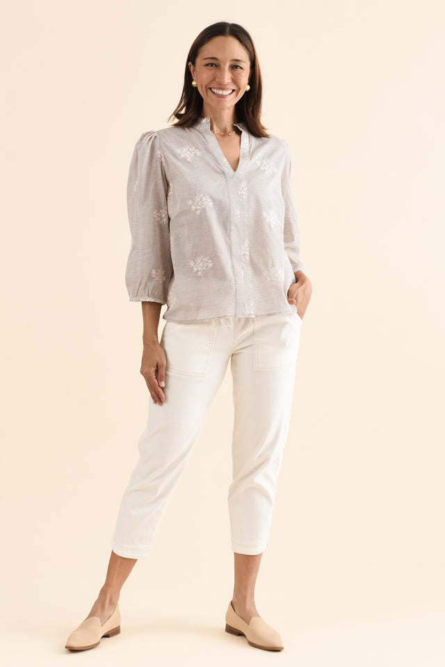 Korey Beige Stripe Cotton Blouse,Full Body,Brunette model,alt text|model:Cara image 7