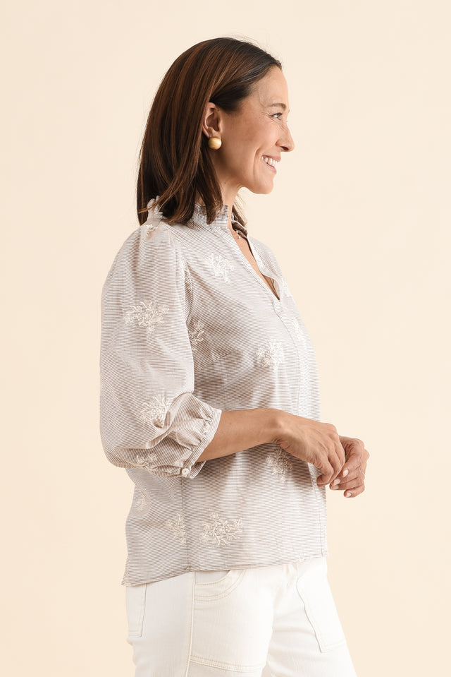 Korey Beige Stripe Cotton Blouse,Side,Brunette model,alt text|model:Cara image 4