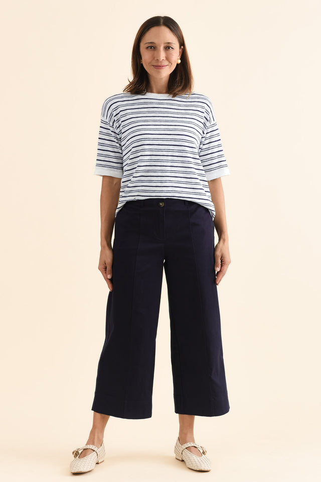 Kristy Navy Cotton Wide Leg Pants,Full Body,Brunette model,alt text|model:Cara image 6