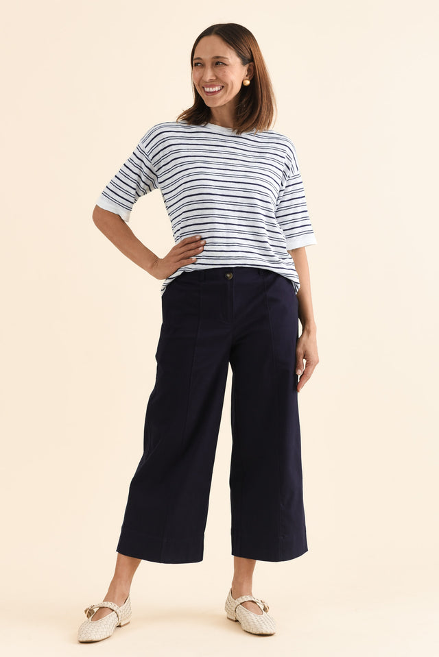 Kristy Navy Cotton Wide Leg Pants,Full Body,Brunette model,alt text|model:Cara