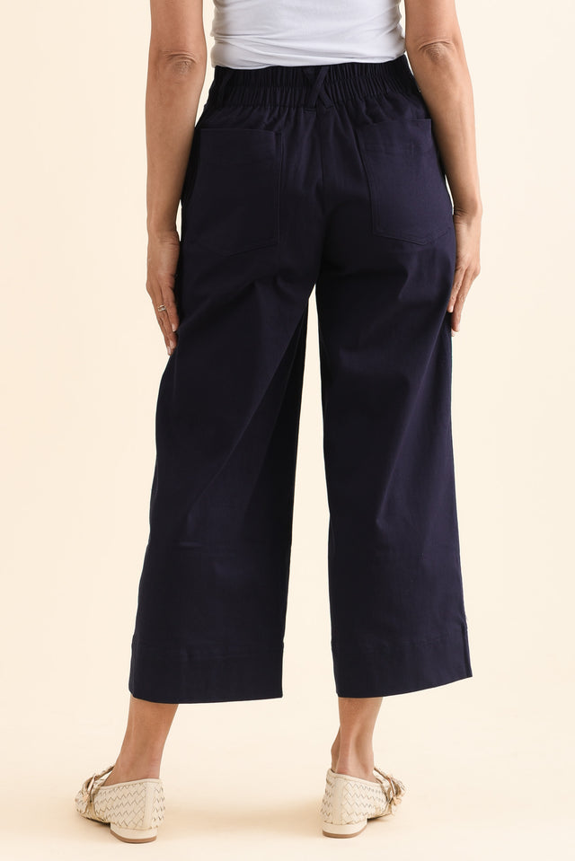 Kristy Navy Cotton Wide Leg Pants,Back,Brunette model,alt text|model:Cara image 4