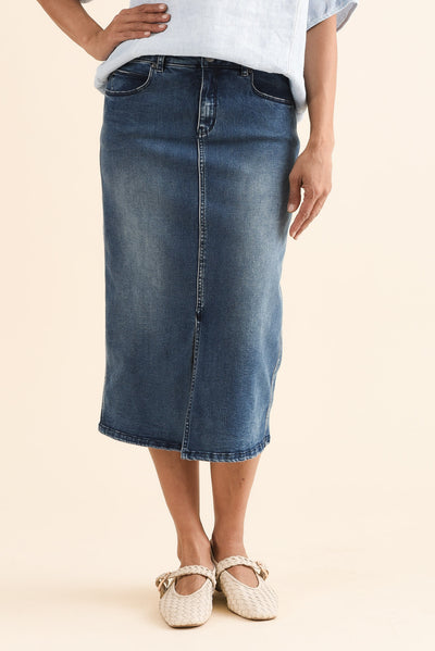 Kylie Dark Wash Denim Midi Skirt