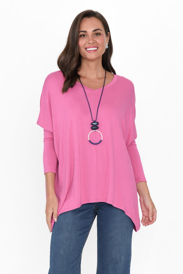 Kyoto Flamingo Pink Long Sleeve Tee neckline_V Neck  alt text|model:MJ;wearing:AU 8 / US 4 image 1