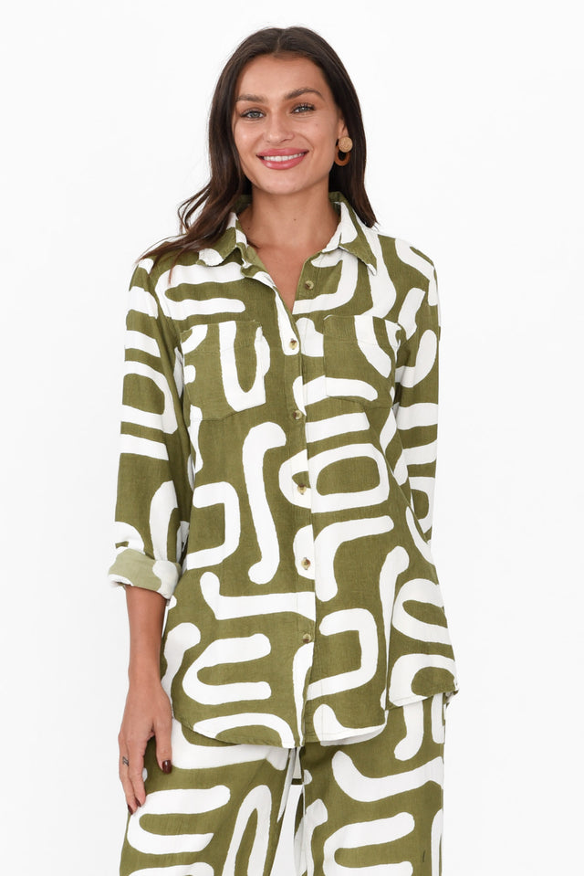 Lacala Khaki Abstract Cotton Corduroy Shirt neckline_V Neck  alt text|model:Brontie;wearing:AU 8 / US 4 image 1