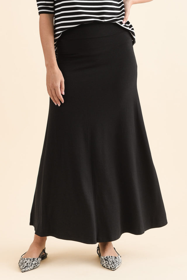 Lana Black Bamboo Cotton Maxi Skirt,Front,Brunette model,alt text|model:MJ image 1