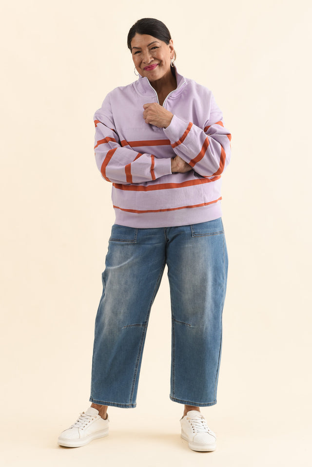 Lane Lilac Stripe Half Zip Sweatshirt,Full Body,Brunette model,alt text|model:Pilita image 6