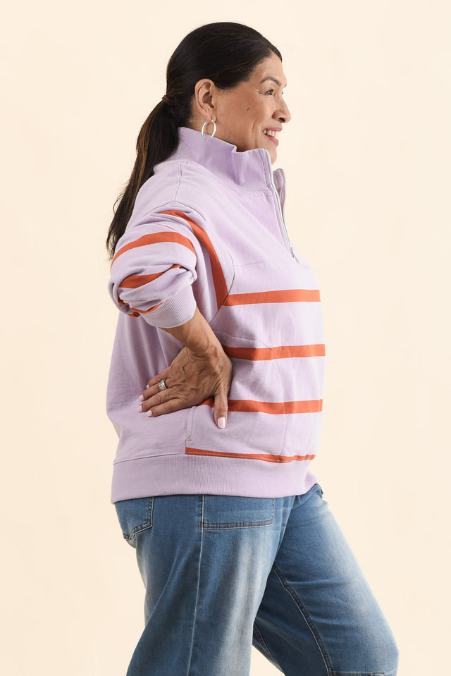 Lane Lilac Stripe Half Zip Sweatshirt,Side,Brunette model,alt text|model:Pilita image 3