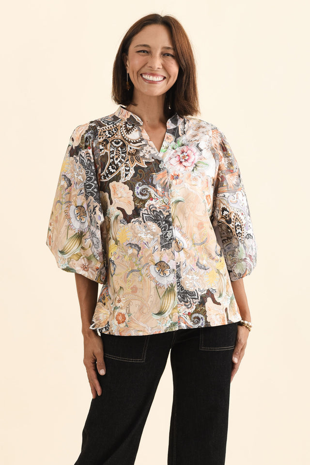 Lang Cream Floral Cotton Blouse,Brunette model,alt text|model:Cara
