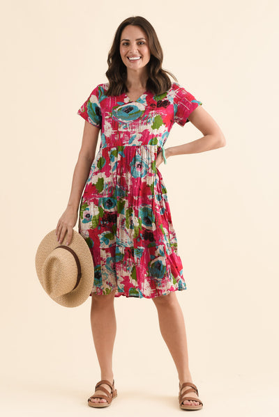Lania Fuchsia Flower Crinkle Cotton Dress