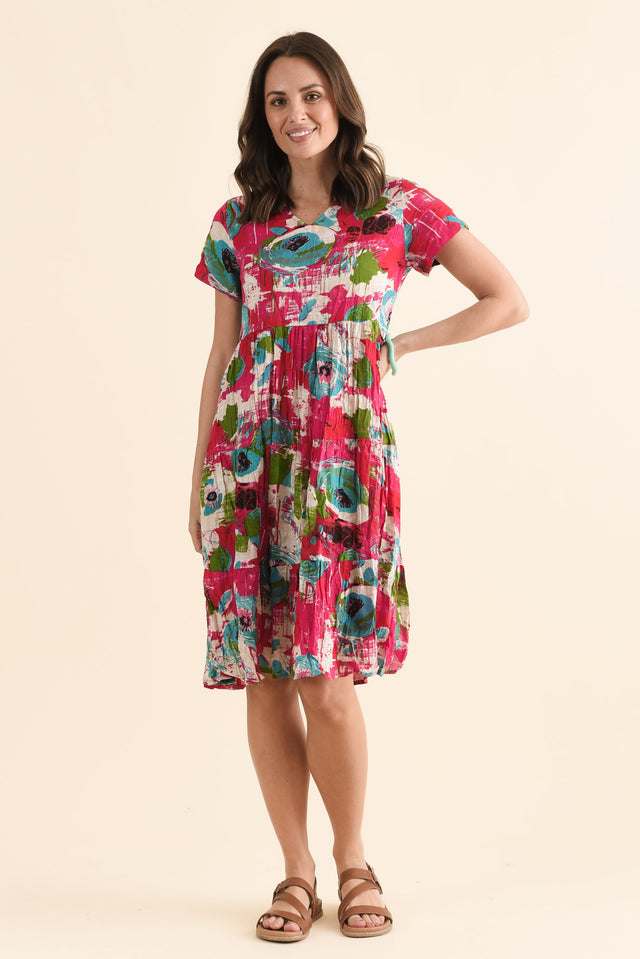 Lania Fuchsia Flower Crinkle Cotton Dress,Full Body,Brunette model,alt text|model:MJ image 6