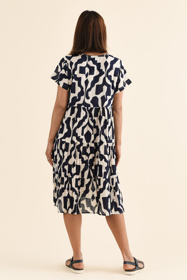 Lania Navy Motif Crinkle Cotton Dress,Back,Brunette model,alt text|model:Cara image 4