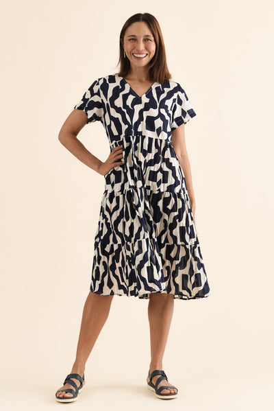 Lania Navy Motif Crinkle Cotton Dress