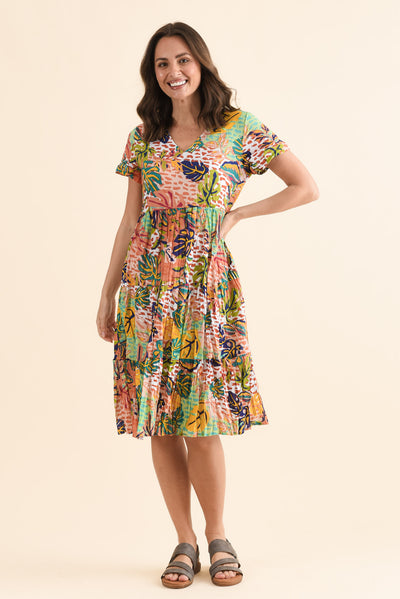 Lania Orange Leaf Crinkle Cotton Dress
