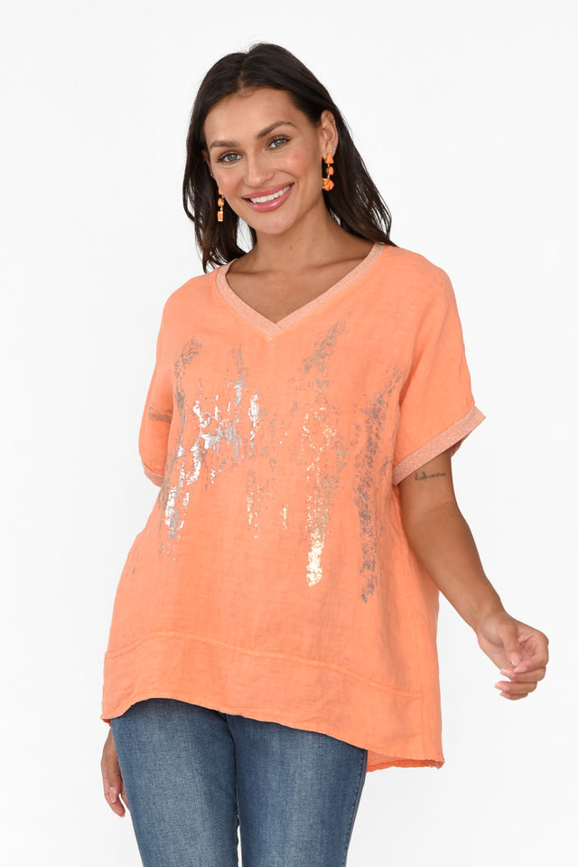 Laramae Orange Foil Linen Tee neckline_V Neck