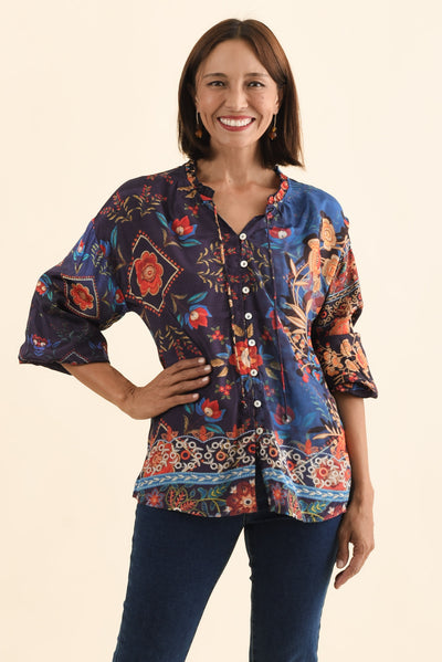 Laria Navy Botanical Button Top