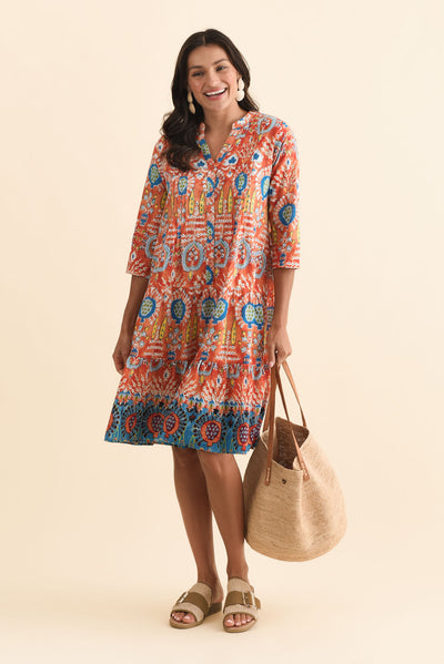 Larissa Orange Motif Cotton Pleated Dress