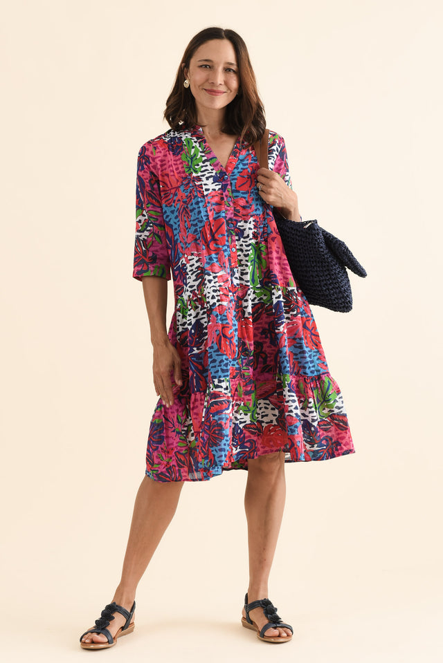Larissa Pink Jungle Cotton Pleated Dress,Front,Brunette model,alt text|model:Cara