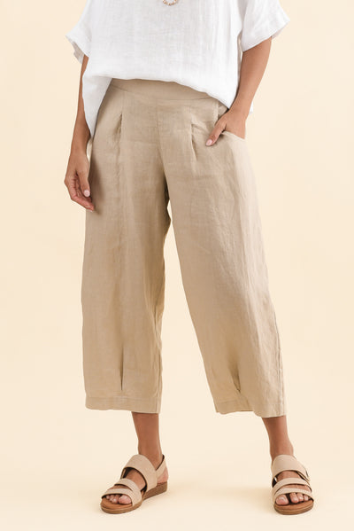 Lassie Beige Linen Barrel Pants