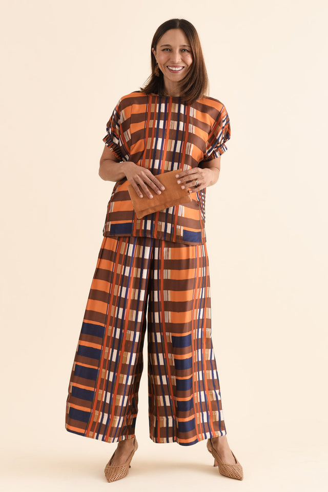 Lattice Orange Check Wide Leg Pants,Full Body,Brunette model,alt text|model:Cara image 6