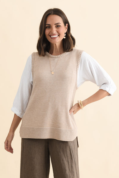 Laurell Beige Knit Crewneck Vest