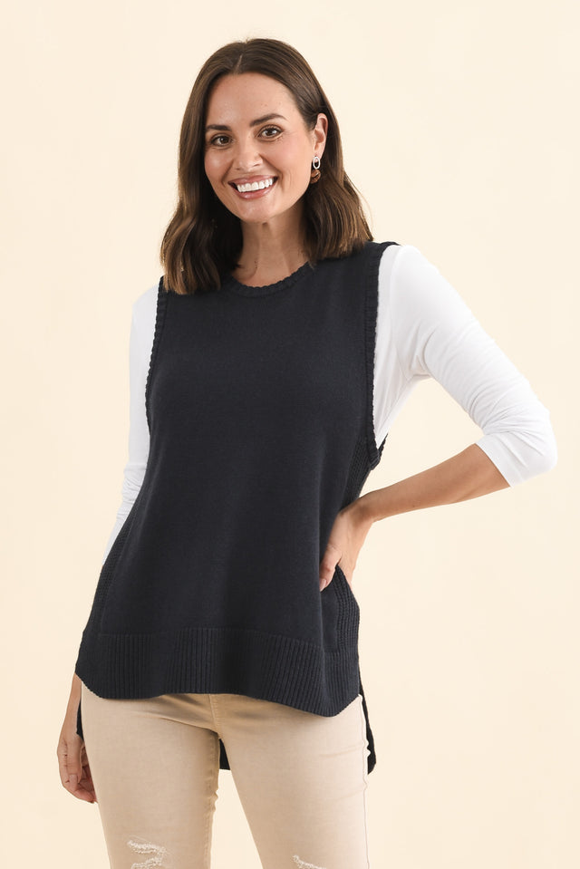 Laurell Navy Knit Crewneck Vest,Brunette model,alt text|model:MJ image 1