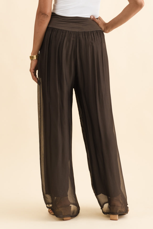 Laurier Chocolate Silk Wide Leg Pants,Brunette model,alt text|model:Cara image 5