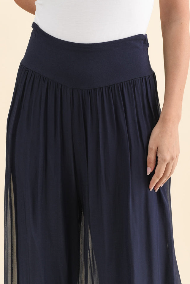 Laurier Navy Silk Wide Leg Pants,Brunette model,alt text|model:MJ image 7
