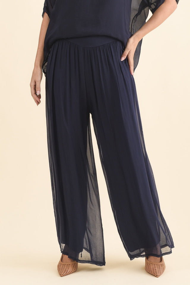 Laurier Navy Silk Wide Leg Pants,Brunette model,alt text|model:MJ image 2