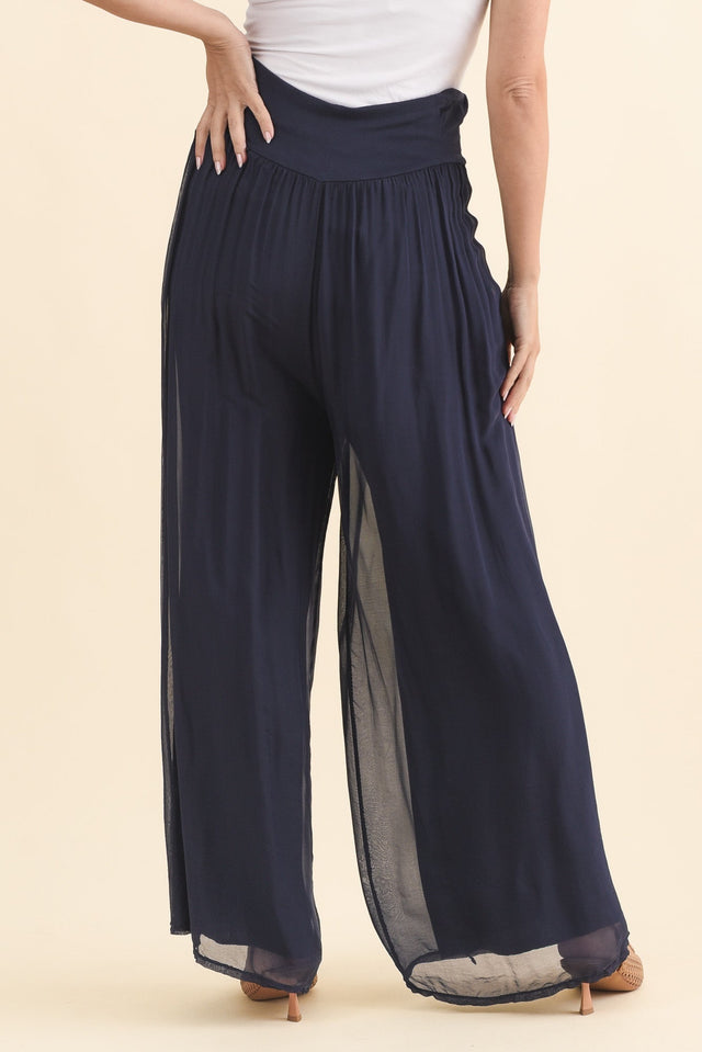 Laurier Navy Silk Wide Leg Pants,Brunette model,alt text|model:MJ image 6