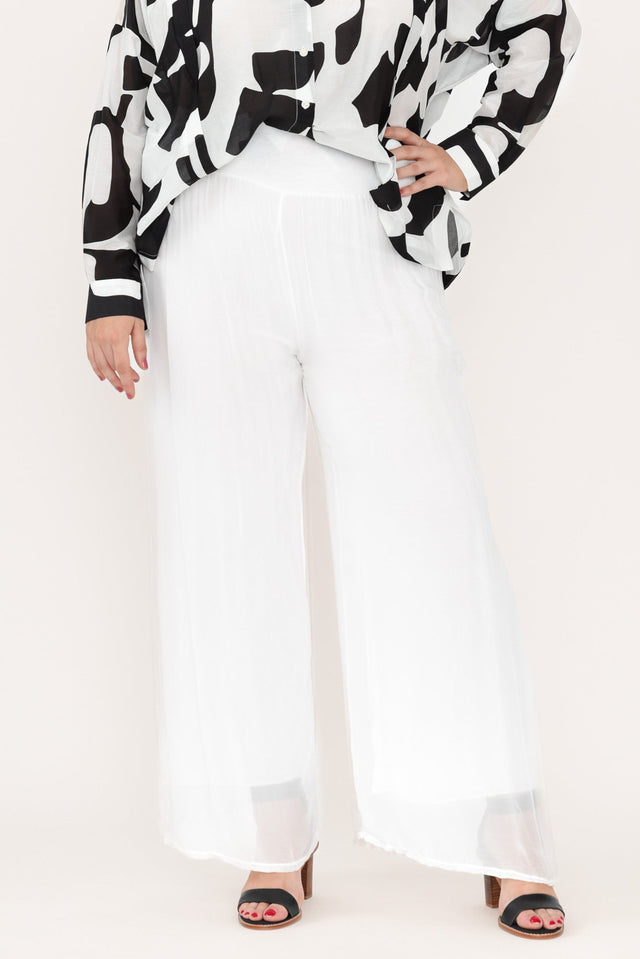 Laurier White Silk Wide Leg Pants,Brunette model,plus-size,plus-size-evening-dresses,plus-size-wedding-guest-dresses,plus-size-cocktail-dresses,plus-size-formal-dresses,plus-size-mother-of-the-bride-dresses,plus-size-race-day-dresses,curve-bottoms,plus-size-Pants,plus-size-work-edit,alt text|model:Gabby