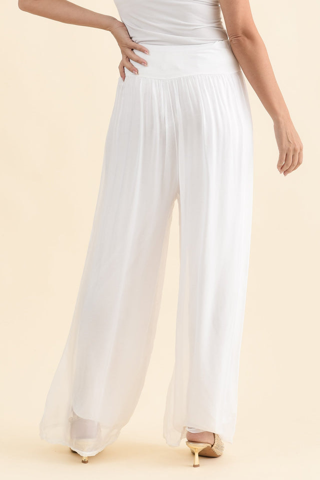 Laurier White Silk Wide Leg Pants,Brunette model,alt text|model:MJ image 5