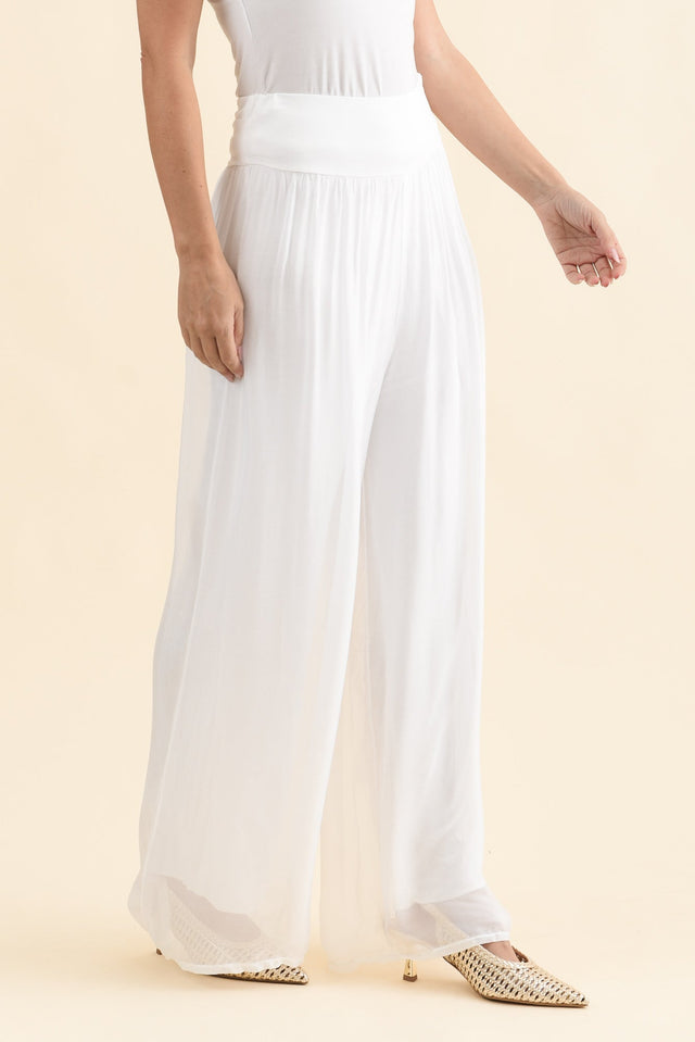 Laurier White Silk Wide Leg Pants,Brunette model,alt text|model:MJ image 4
