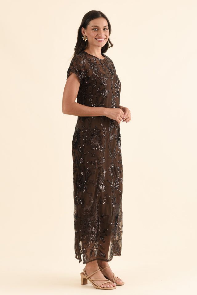 Lavish Chocolate Floral Sequin Dress,Side,Brunette model,alt text|model:Brontie image 3