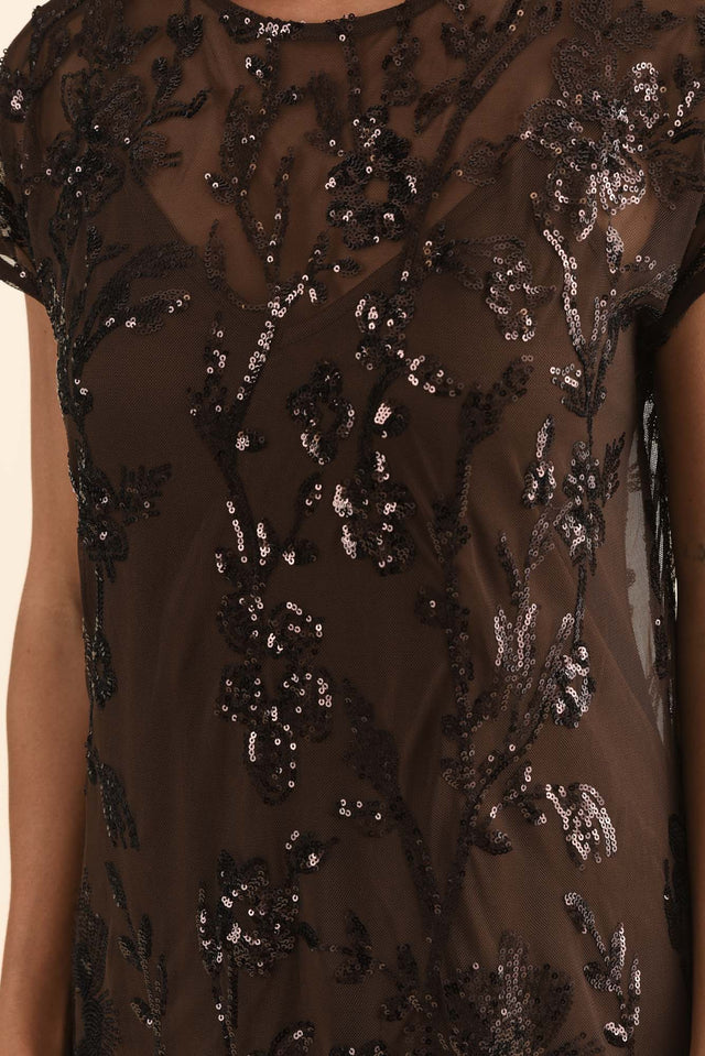 Lavish Chocolate Floral Sequin Dress,Detail,Brunette model,alt text|model:Brontie image 5