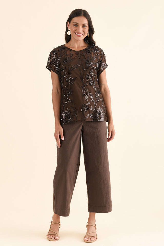 Lavish Chocolate Floral Sequin Top,Full Body,Brunette model,alt text|model:Brontie image 6