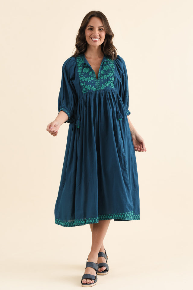 Lazlo Blue Cotton Embroidered Dress,brunette model,Full Outfit,alt text|model:MJ image 2
