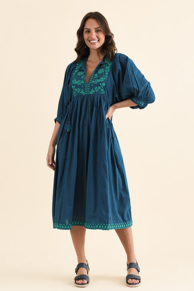 Lazlo Blue Cotton Embroidered Dress,brunette model,Front of Outfit,alt text|model:MJ image 1