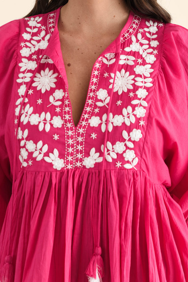 Lazlo Hot Pink Cotton Embroidered Dress,brunette model,Close up of outfit,alt text|model:MJ image 5