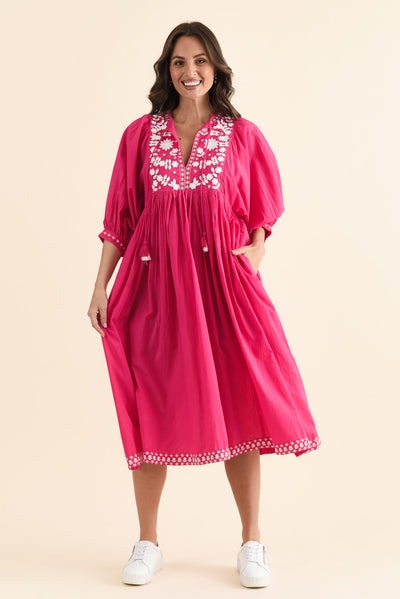 Lazlo Hot Pink Cotton Embroidered Dress