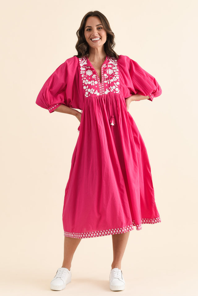 Lazlo Hot Pink Cotton Embroidered Dress,brunette model,Full Outfit,alt text|model:MJ image 2