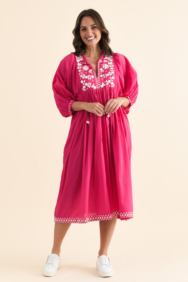 Lazlo Hot Pink Cotton Embroidered Dress,brunette model,Full Outfit,alt text|model:MJ image 6