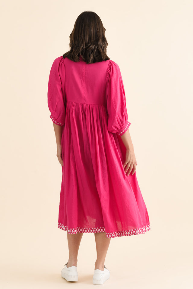 Lazlo Hot Pink Cotton Embroidered Dress,brunette model,Back of Outfit,alt text|model:MJ image 4