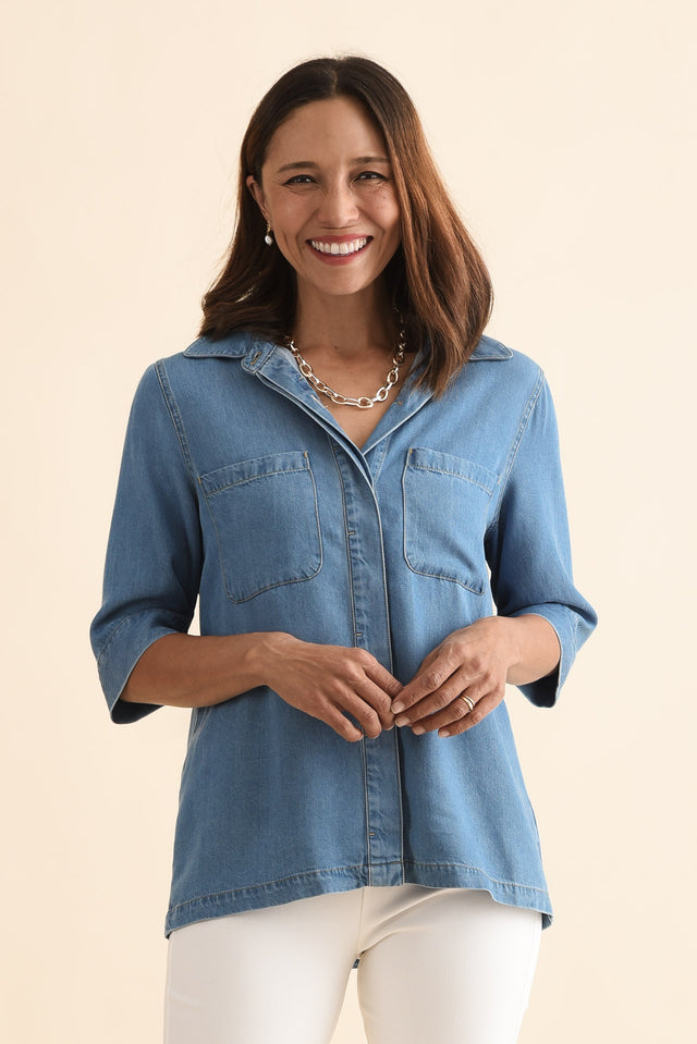 Leeds Blue Denim Pocket Shirt,Front,Brunette model,alt text|model:Cara image 1