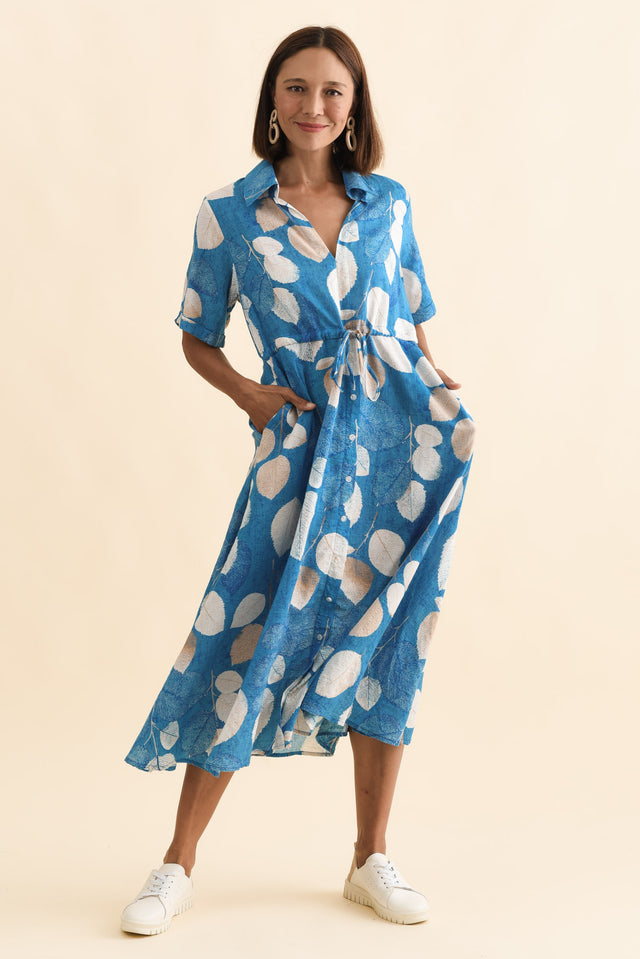 Leigh Blue Leaf Tie Dress,Brunette model,alt text|model:Cara image 7