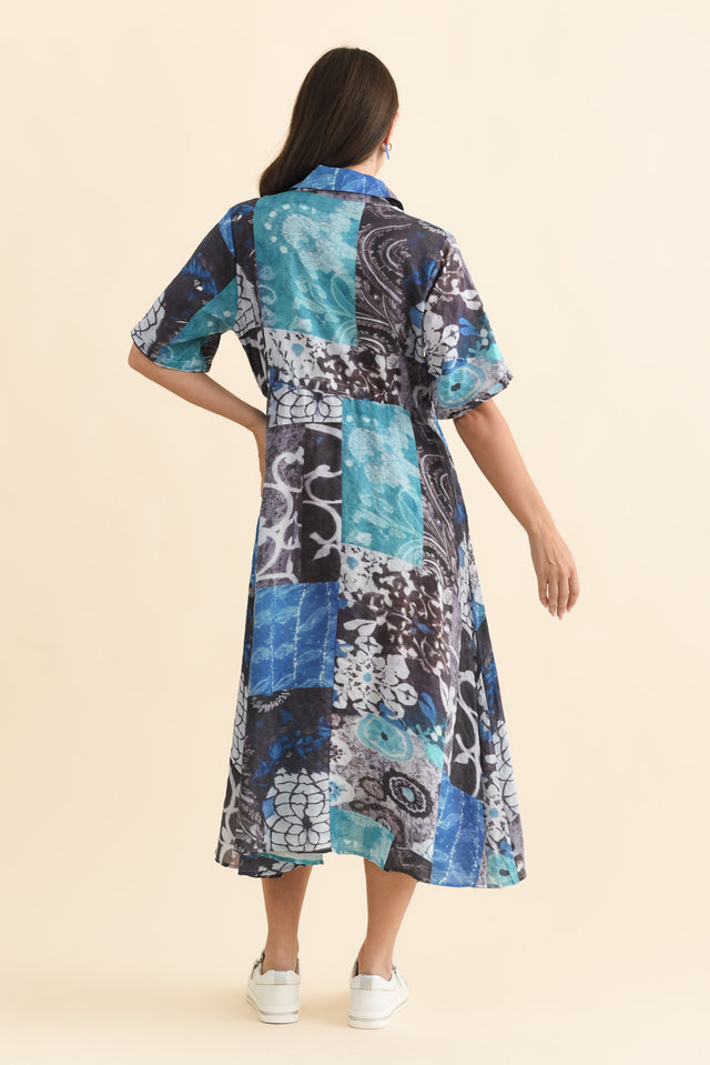 Leigh Blue Patchwork Tie Dress,Brunette model,alt text|model:MJ image 5