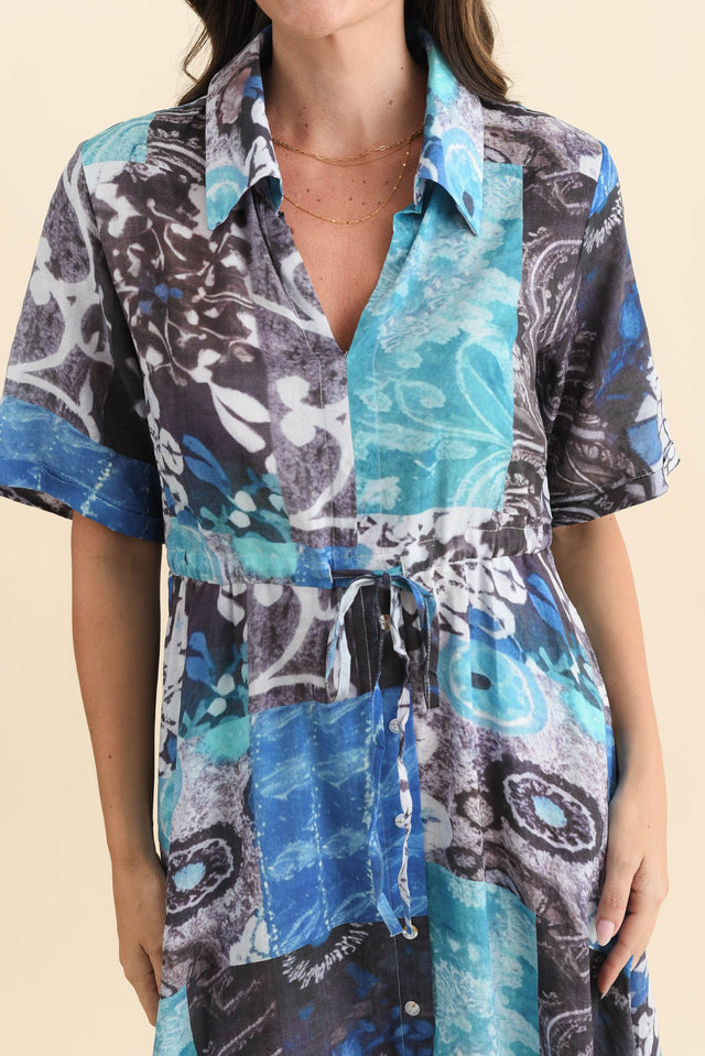 Leigh Blue Patchwork Tie Dress,Brunette model,alt text|model:MJ image 6