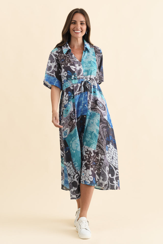 Leigh Blue Patchwork Tie Dress,Brunette model,alt text|model:MJ image 7